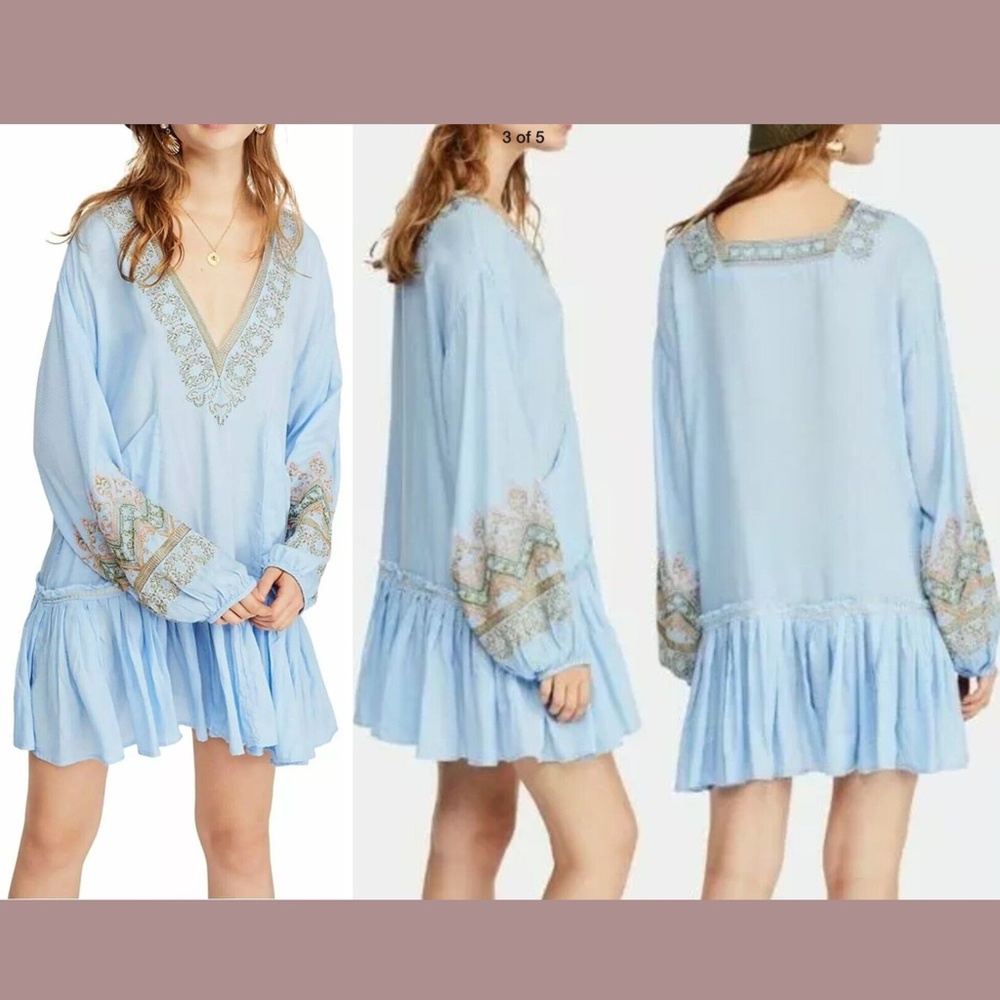 NWT $148 Free People‎ [ XS ] Wild One Embroidered Mini Dress in Blue Skies